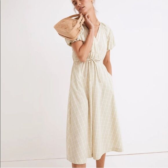Madewell 100% Cotton Sage Green Plaid Cottage Core Puff Sleeve A-Line Dress XS - Picture 1 of 12